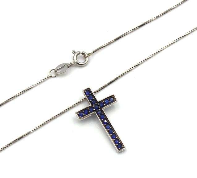 Sweet 18K WG Sapphire Cross on Necklace