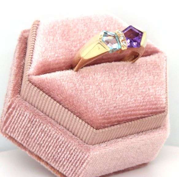14kt Yellow gold Fancy aquamarine, amethyst and diamond ring