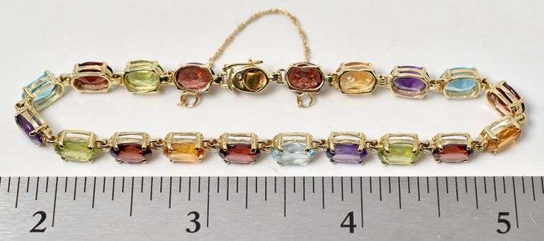 Colorful 14K Yellow Gold Red Garnet, Blue Topaz, Amethyst, Peridot, and Citrine Gemstone Bracelet