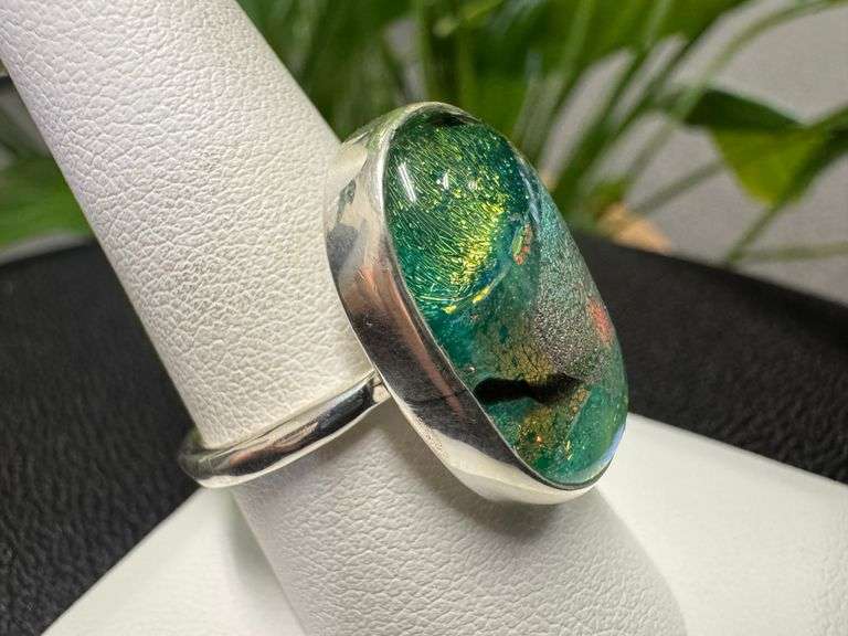 Sterling Silver 925 One of a Kind Dichroic Glass Ring Size 8.5