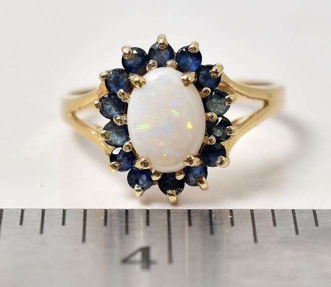 Colorful 14K Yellow Gold Opal And Blue Sapphire Gemstone Ring