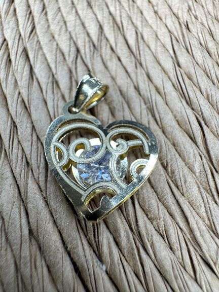10k Yellow Gold Ornate Love Heart Pendant Clear CZ Charm