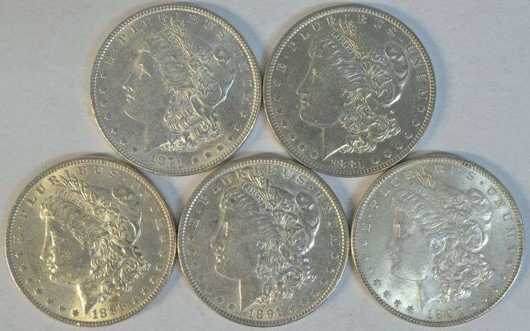 5 Diff. AU to BU Morgan Silver Dollars 1879 to 1897.
