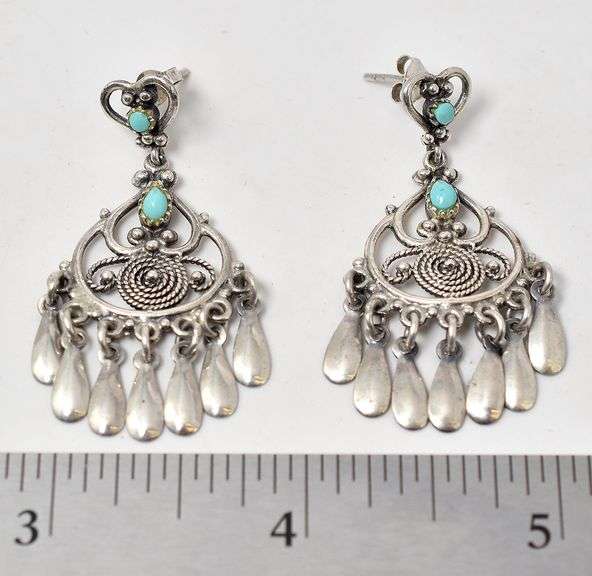Native Styled Dangle Earrings with Turquoise in Sterling Silver