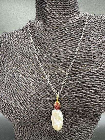 Oxidized Sterling Silver 925 Chain with Baroque Pearl & Garnet Stone 18k Gold Plating Custom Piece