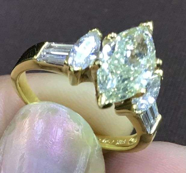 18k Yellow Gold Marquise and Baguette Natural Diamond Engagement Ring