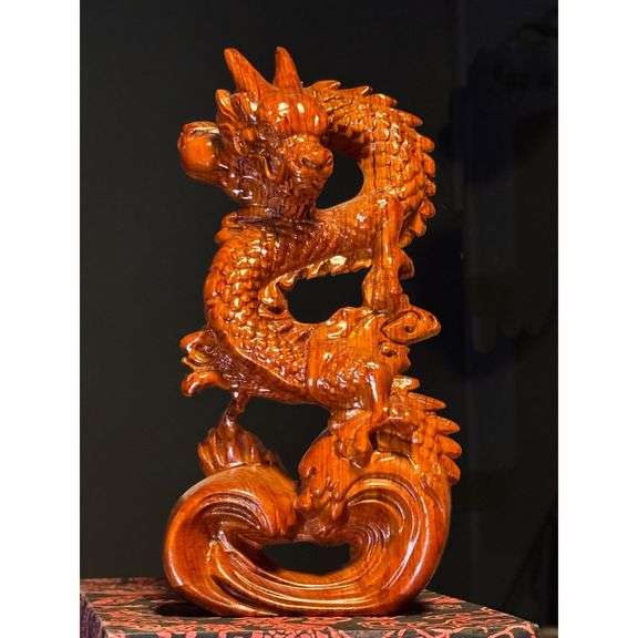 Red Wood Carving Feng Shui Dragon Statue