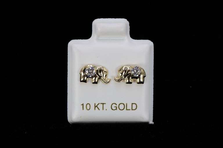 10k Yellow Gold Round White CZ Elephant Stud Earrings