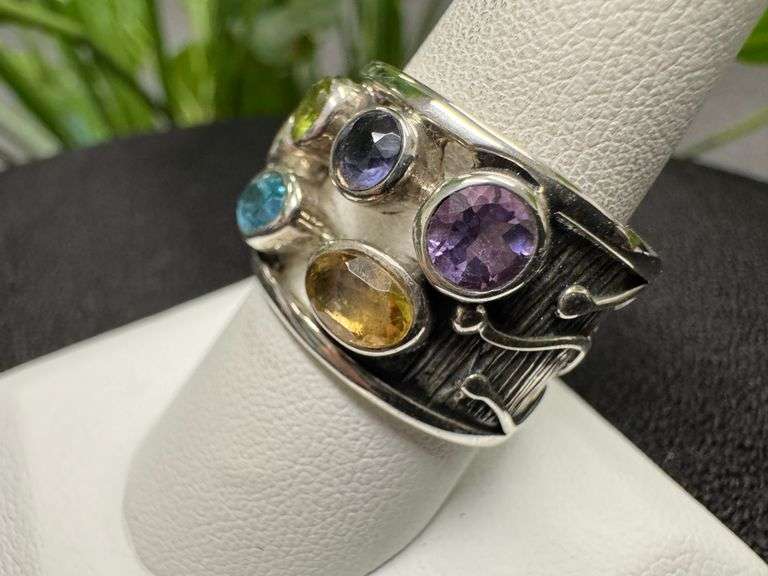 Sterling Silver Garnet, Peridot, Blue Topaz, Citrine, Amethyst Gemstone Ring Size 10