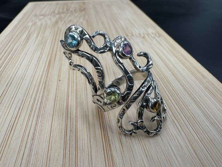 Sterling Silver Blue Topaz, Peridot, Citrine, Amethyst Gemstone Ring Size 7
