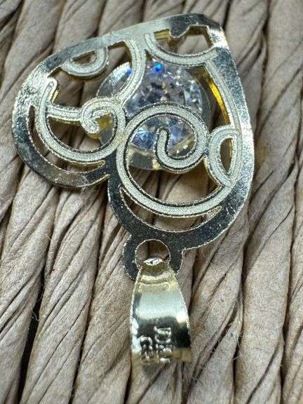 10k Yellow Gold Ornate Love Heart Pendant Clear CZ Charm