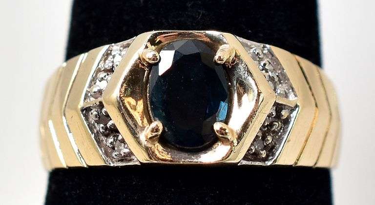 Wonderful 10K Yellow Gold Blue Sapphire and Diamond Ring