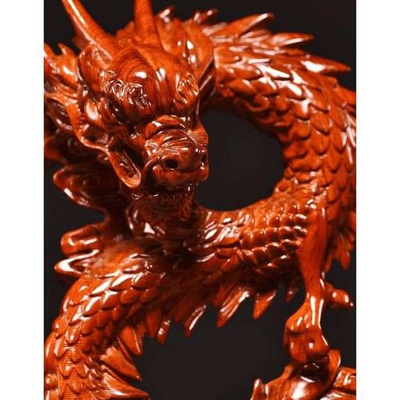 Red Wood Carving Feng Shui Dragon Statue