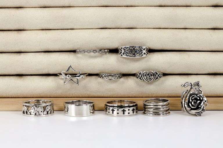 Sterling Silver Curated Ring Assortment Various Sizes & Styles (10 Ring Lot)