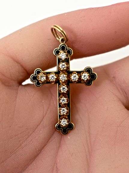 Stunning 14K Enamel and Diamond Cross Pendant