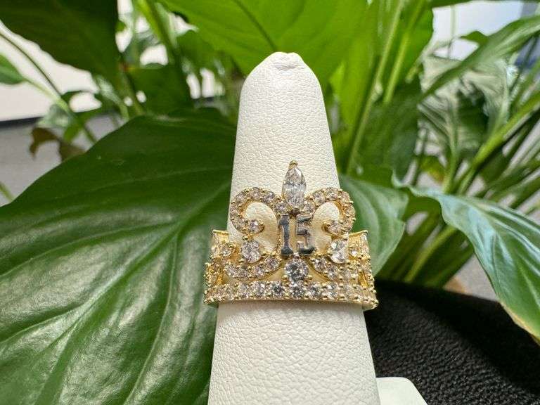 10k Yellow Gold White CZ Quinceanera 15 Anos Birthday Tiara Princess Fleur De Lis Ring Size 7