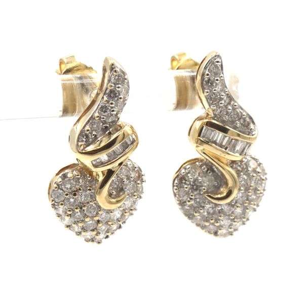 14kt Yellow gold pave and baguette diamond swirl heart dangle earrings