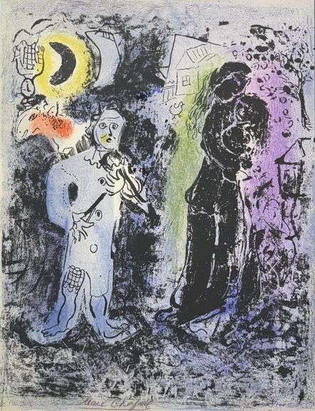 Rare Marc Chagall Signed Lithograph 'Couple Noir Au Musicien', 1960