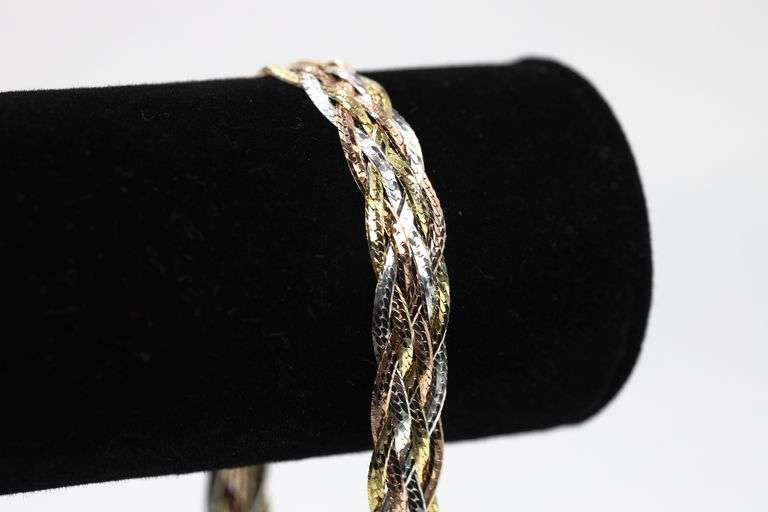 Sterling Silver Tri Colored Braided Herringbone Bracelet 10mm 925 Italy Chain 8"