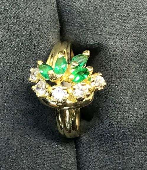 18K Yellow Gold Ladies Ring with Emeralds and CZs