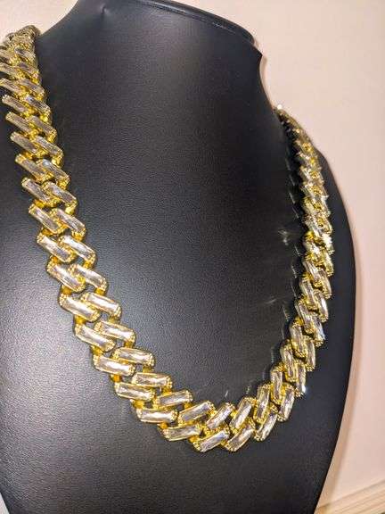Huge 158.9 Grams 14 Kt Gold Plated Simulated Diamond Miami Curb Link Chain Necklace