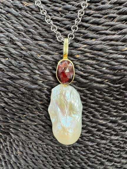Oxidized Sterling Silver 925 Chain with Baroque Pearl & Garnet Stone 18k Gold Plating Custom Piece
