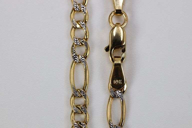 10k Yellow Gold-Hollow Pave Figaro Link Chain 3.3mm Bracelet 8"