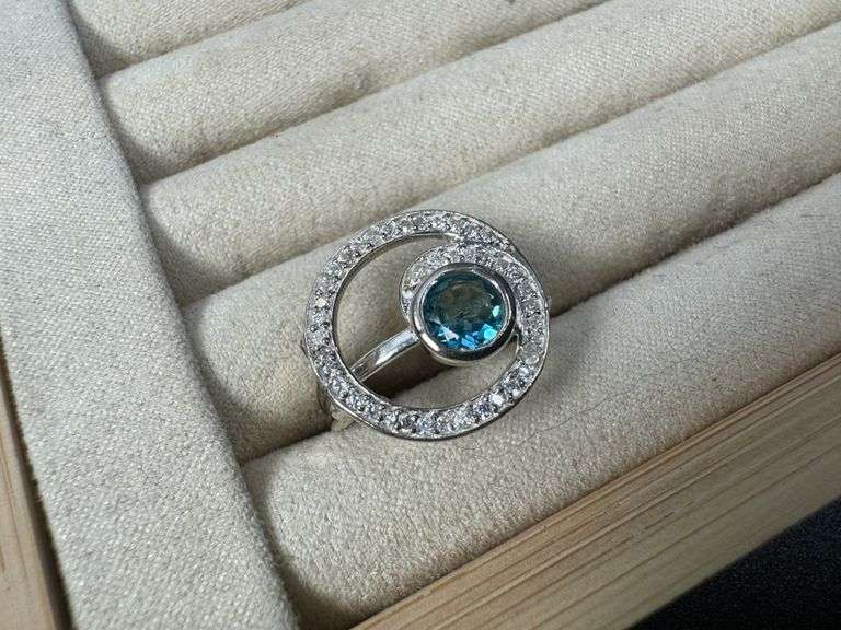 Sterling Silver 925 Natural Gemstone Blue Topaz & Clear CZ Ring Size 8
