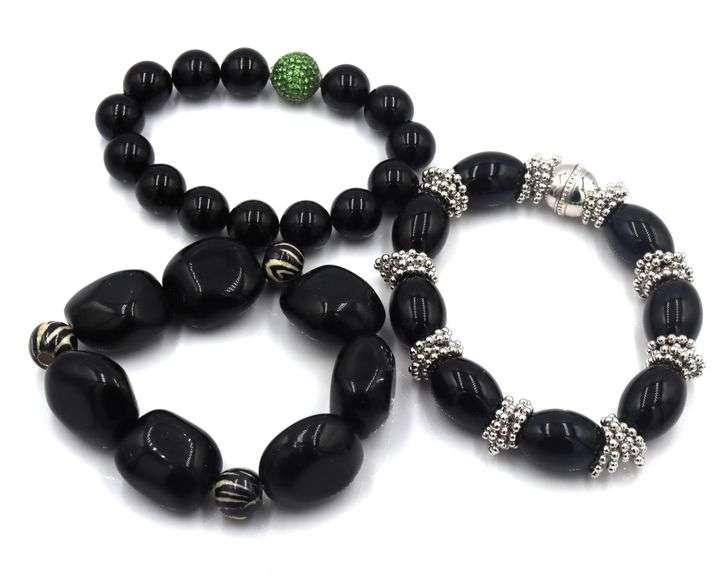 Lot of 3 black onyx beaded bracelets