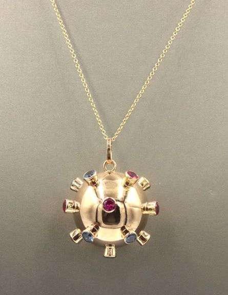 18kt Yellow gold multi stone sputnik charm pendant on chain