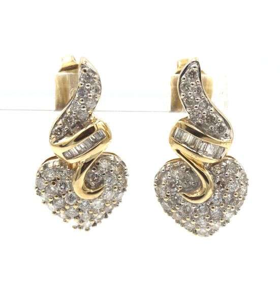 14kt Yellow gold pave and baguette diamond swirl heart dangle earrings