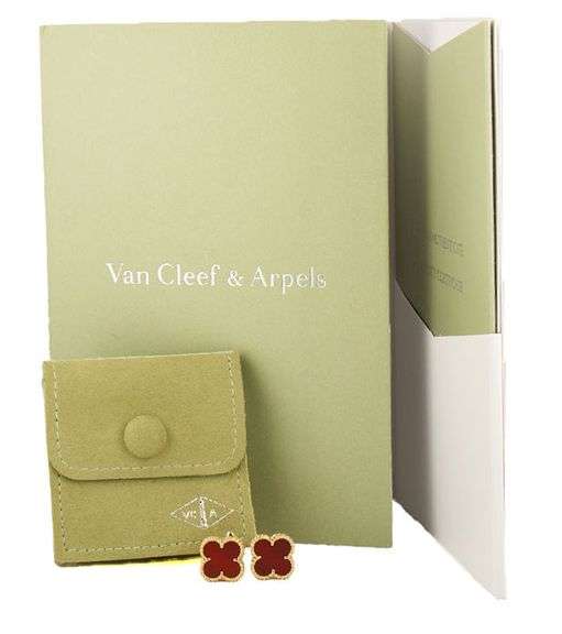 Carnelian Vintage Alhambra Clover Omega Back Earrings in 18K