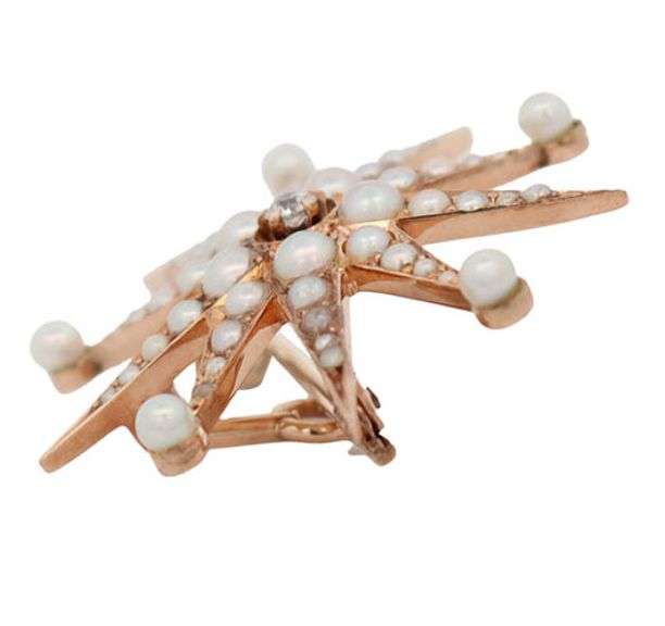 0.04ct European Cut Diamond and Seed Pearl Star Shaped Brooch in 14K