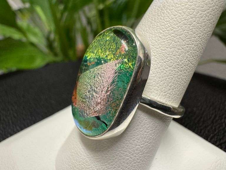 Sterling Silver 925 One of a Kind Dichroic Glass Ring Size 8.5