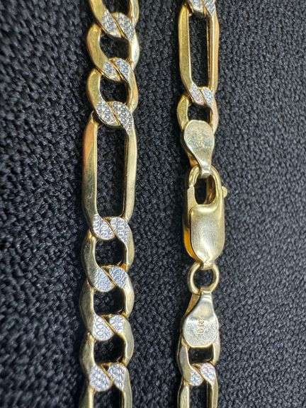 10k Yellow Gold-Hollow Pave Figaro Link Chain 6.4mm Necklace 22"