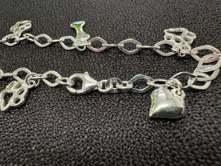 .925 Sterling Silver Dog Lovers Bracelet Paw & Bone 7.5 Inches