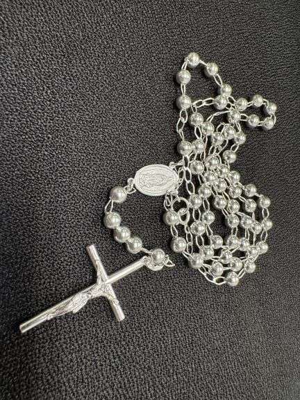 Sterling Silver Rosary Long Curb 5mm Cross Catholic Prayer Necklace 925 Chain
