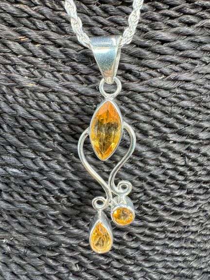 Sterling Silver Natural Citrine Gemstone Pendant w/ .925 Italian Rope Chain in 22 Inches
