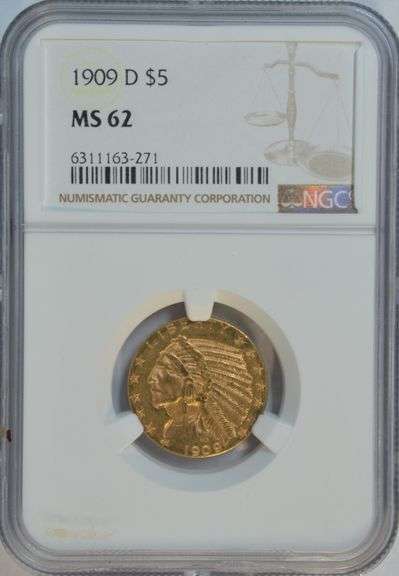 Original Choice BU 1909-D $5 Indian Gold Piece. NGC MS62