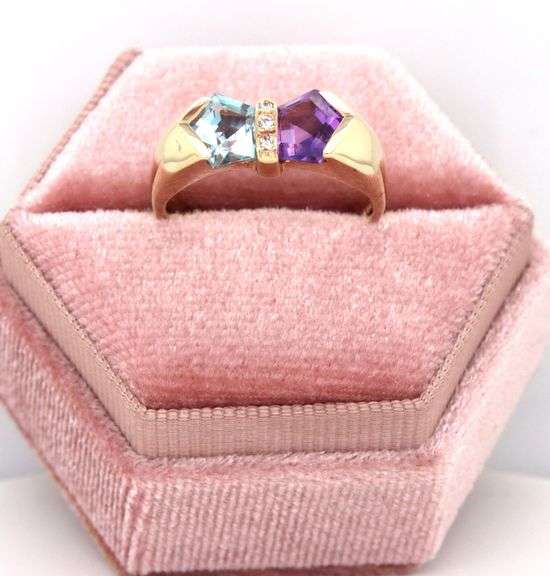 14kt Yellow gold Fancy aquamarine, amethyst and diamond ring