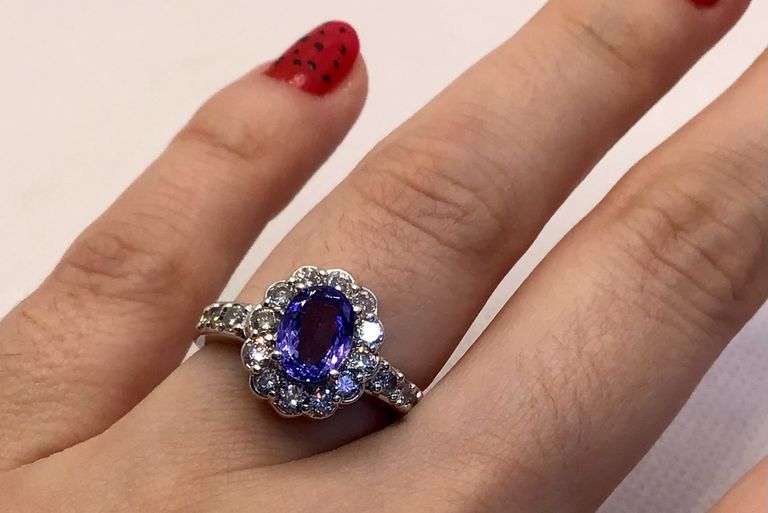 PLATINUM COCKTAIL RING WITH TANZANITE AND DIAMONDS