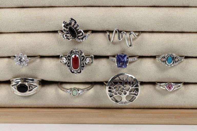 Sterling Silver Curated Ring Assortment Various Sizes & Styles (10 Ring Lot)