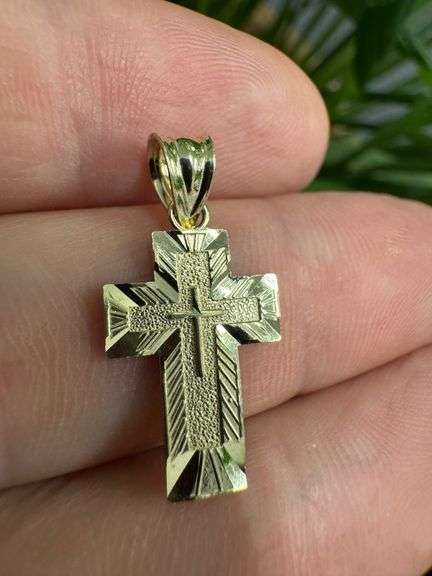 10k Yellow Gold Diamond Cut Christian Cross Pendant Religious Charm