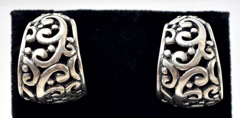 Ornate Half Hoop Stud Earrings in Sterling Silver