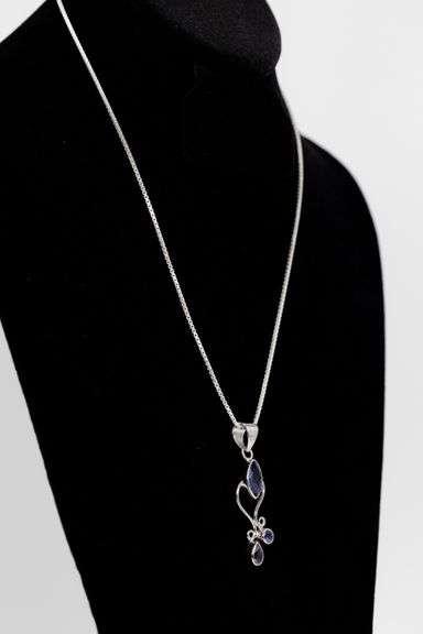 .925 Sterling Silver Necklace and Pendant w/ Iolite Gem Stones 54mm x 15mm