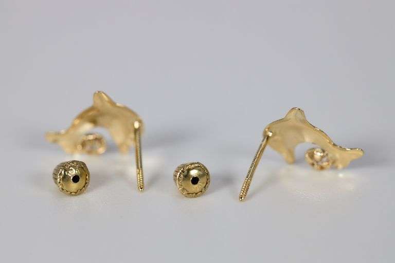 10k Yellow Gold Dolphin Stud Earrings w/ Clear CZ