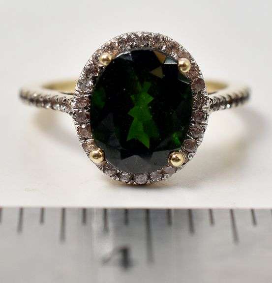 Stunning 10K Yellow Gold Green Tourmaline and Diamond Ring