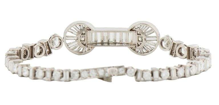 3.85ctw Baguette and Round Diamond Art Deco Graduated Bracelet in Platinum