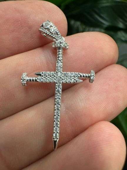 Rhodium Plated 925 Sterling Silver Nail Cross CZ Pendant