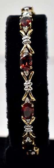 Amazing 10K Yellow Gold Red Garnet and Diamond Bracelet